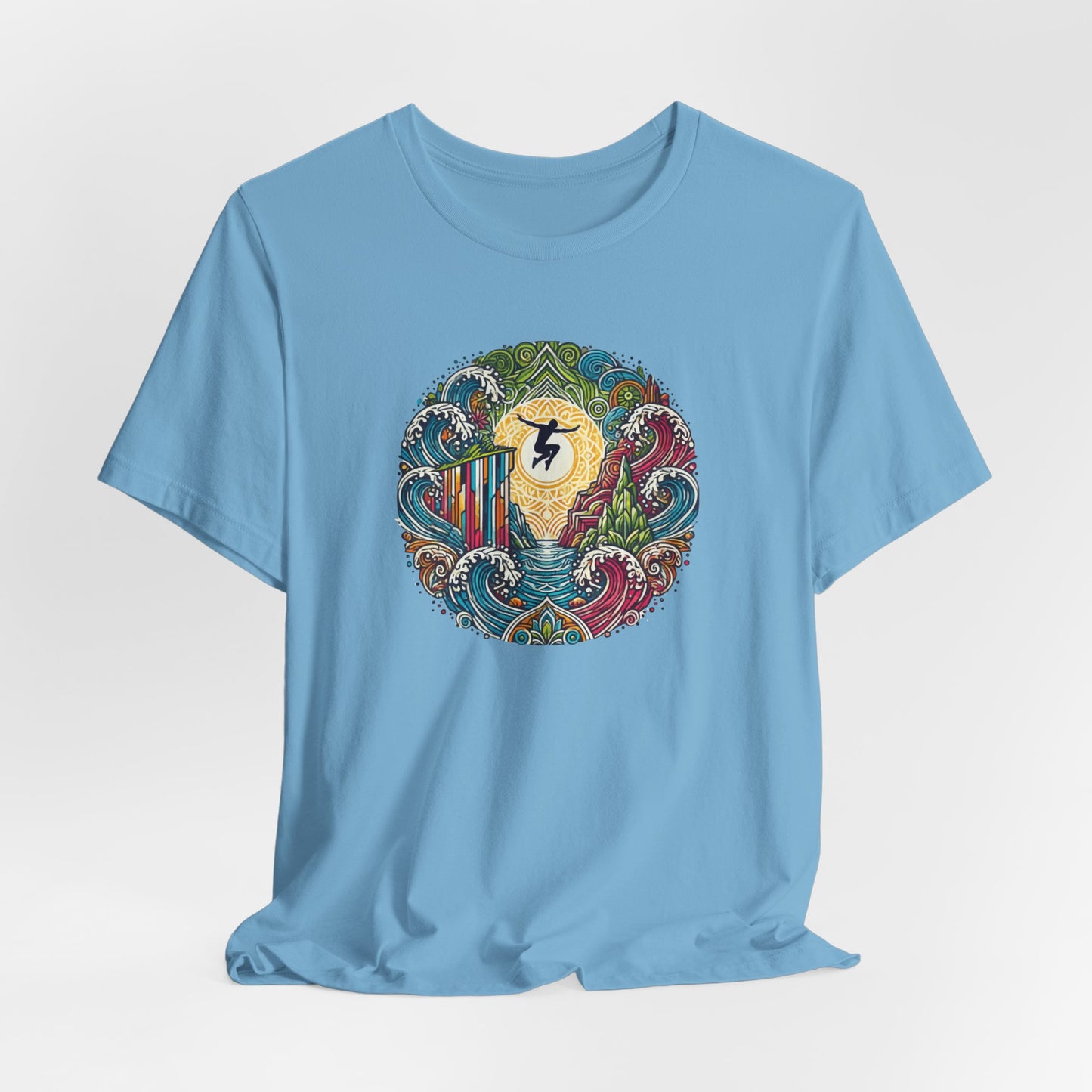 Mandala Style Cliff Jumping T-shirt for Outdoor Enthusiast - Colorful Mandala Art Design