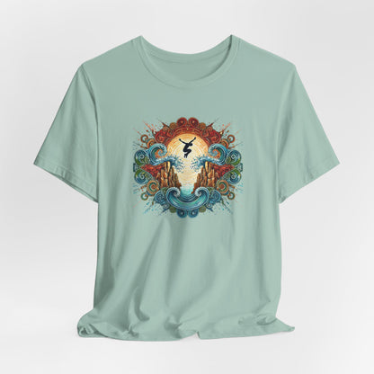 Mandala Style Cliff Jumping T-shirt for Outdoor Enthusiast - Colorful Mandala Art Design