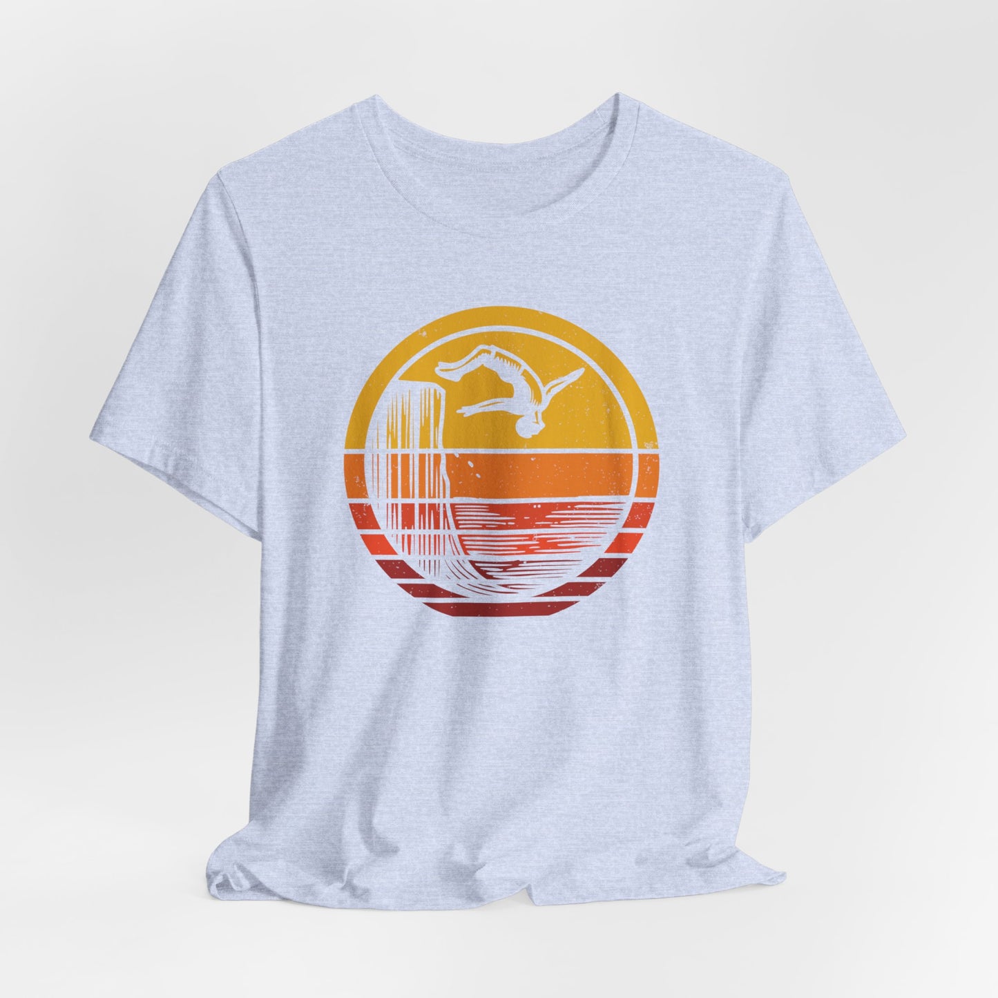 Retro Sunset Cliff Jumping T-Shirt - Outdoorsy Distressed Vintage Sunset Silhouette Adventure Shirt