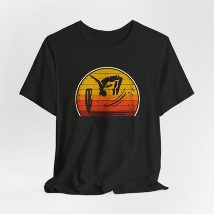 Retro Sunset Cliff Jumping T-Shirt - Outdoorsy Distressed Vintage Sunset Silhouette Adventure Shirt