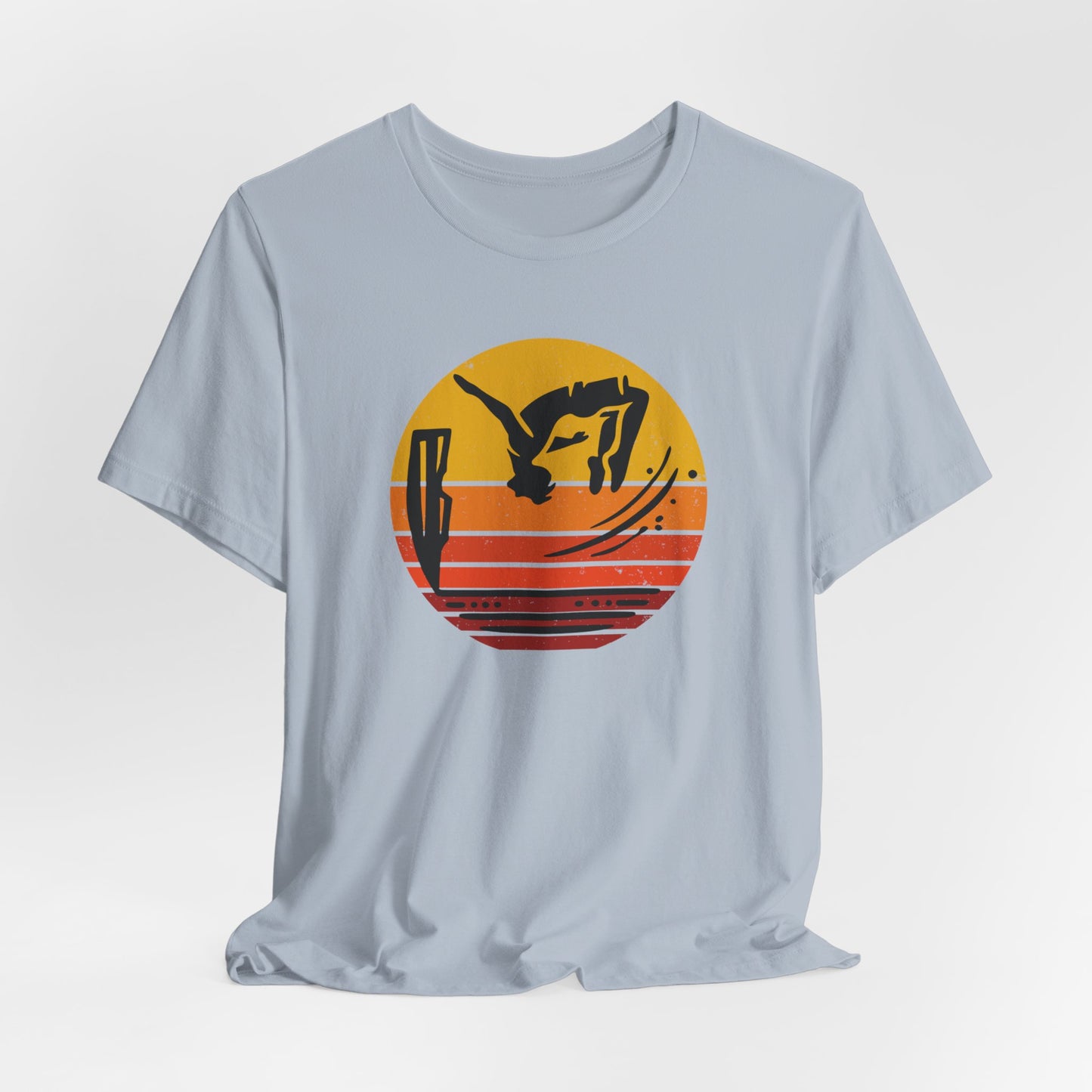 Retro Sunset Cliff Jumping T-Shirt - Outdoorsy Distressed Vintage Sunset Silhouette Adventure Shirt