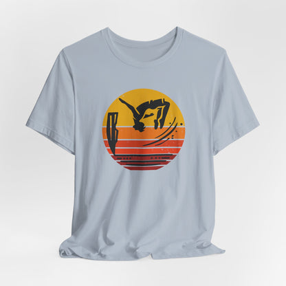 Retro Sunset Cliff Jumping T-Shirt - Outdoorsy Distressed Vintage Sunset Silhouette Adventure Shirt