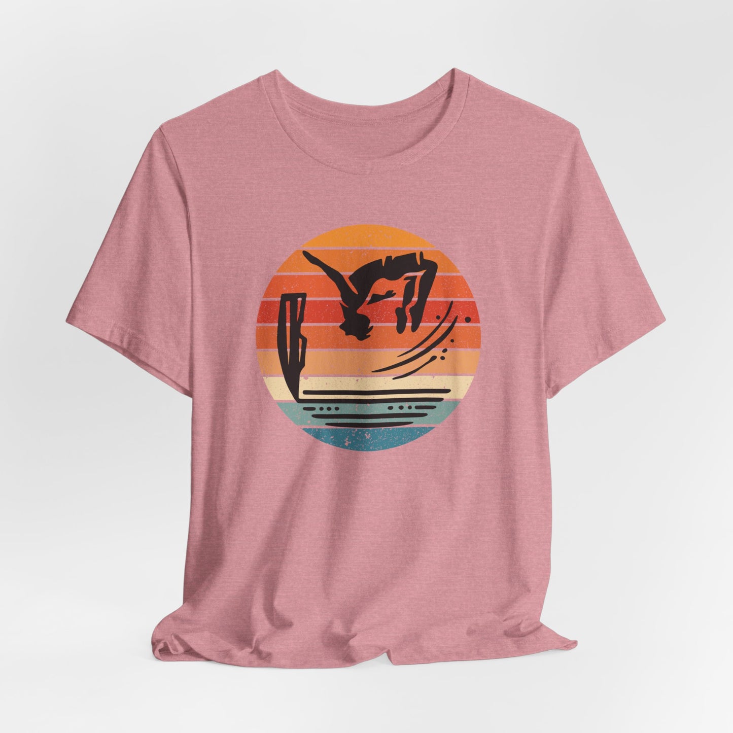 Retro Sunset Cliff Jumping T-Shirt - Outdoorsy Distressed Vintage Sunset Silhouette Adventure Shirt