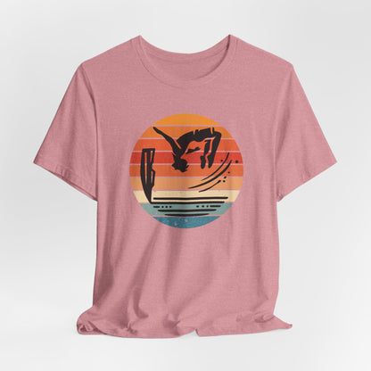 Retro Sunset Cliff Jumping T-Shirt - Outdoorsy Distressed Vintage Sunset Silhouette Adventure Shirt