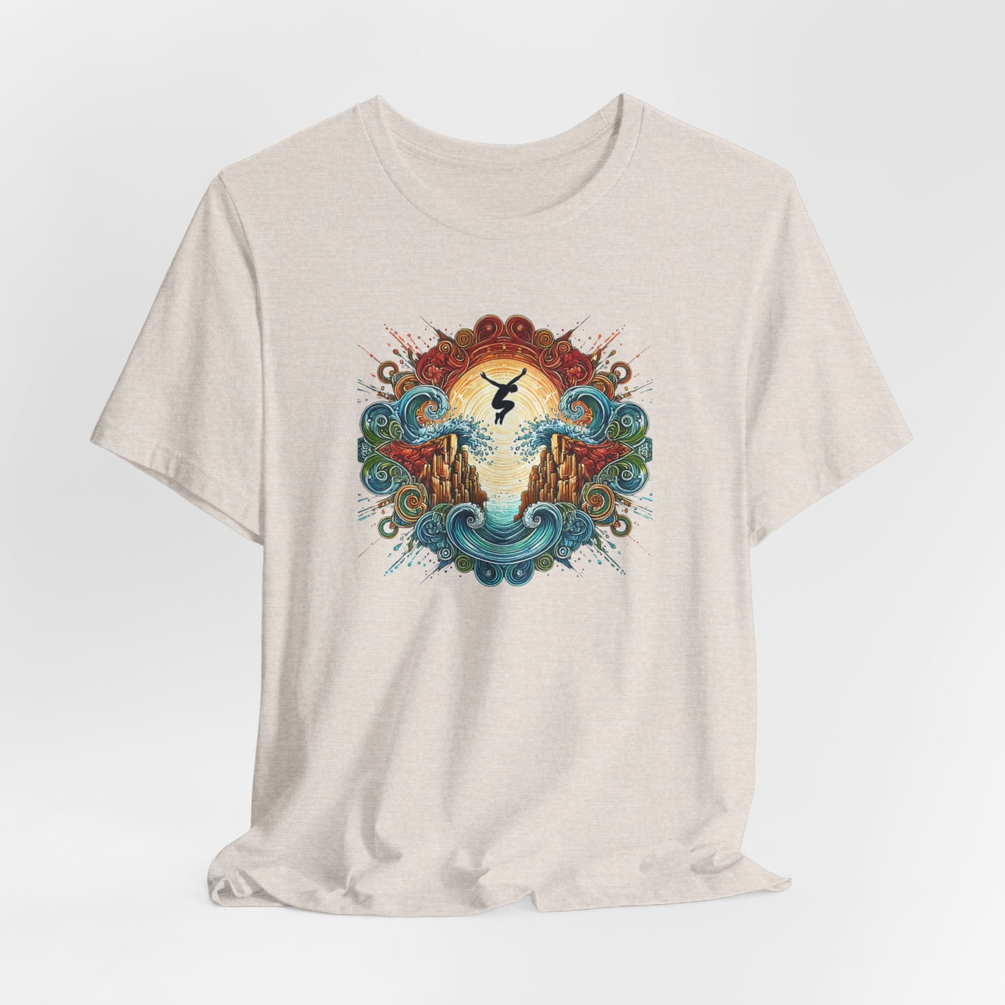 Mandala Style Cliff Jumping T-shirt for Outdoor Enthusiast - Colorful Mandala Art Design