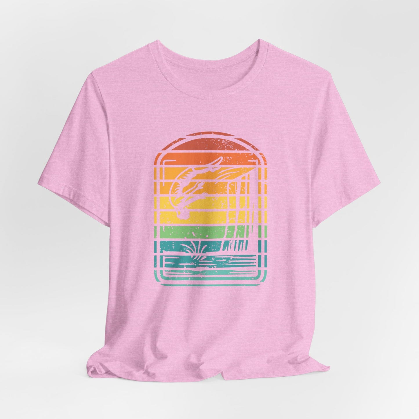 Retro Rainbow Cliff Jumping Silhouette T-Shirt - Outdoorsy Vintage Adventure Shirt