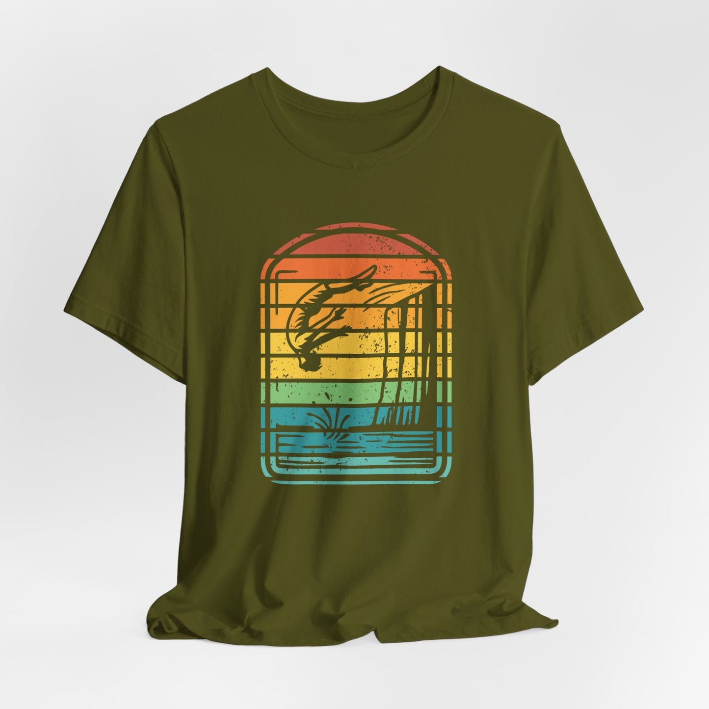 Retro Rainbow Cliff Jumping Silhouette T-Shirt - Outdoorsy Vintage Adventure Shirt