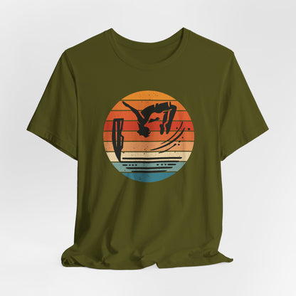 Retro Sunset Cliff Jumping T-Shirt - Outdoorsy Distressed Vintage Sunset Silhouette Adventure Shirt