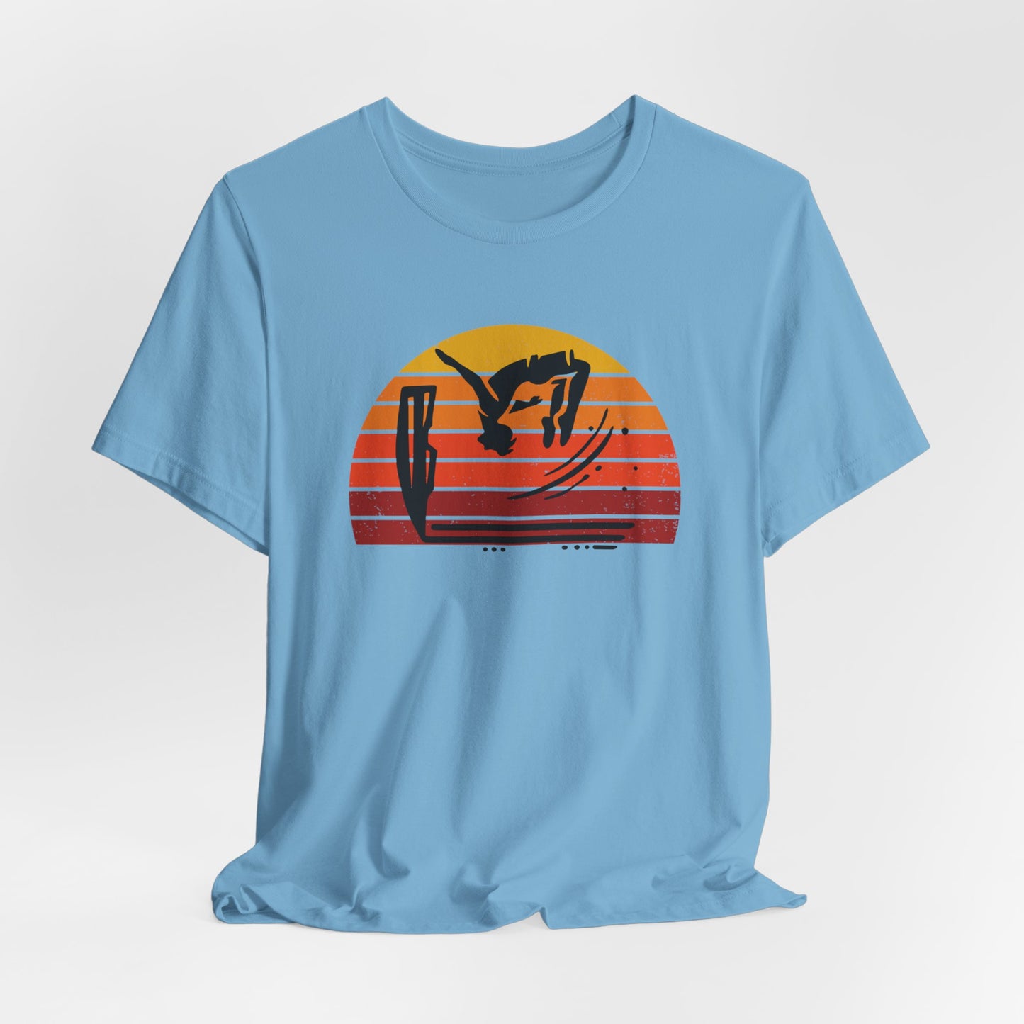 Retro Sunset Cliff Jumping T-Shirt - Outdoorsy Distressed Vintage Sunset Silhouette Adventure Shirt