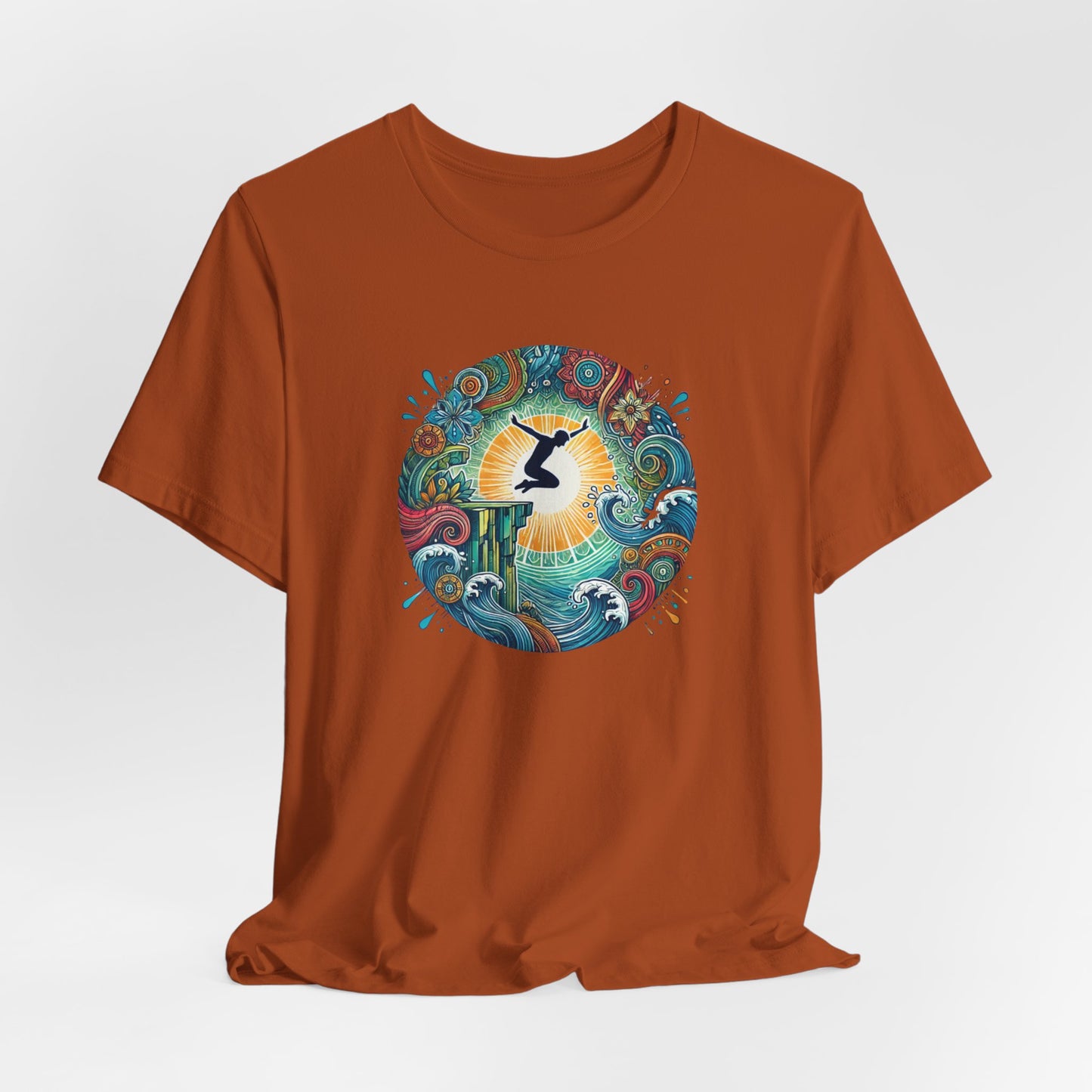 Mandala Style Cliff Jumping T-shirt for Outdoor Enthusiast - Colorful Mandala Art Design