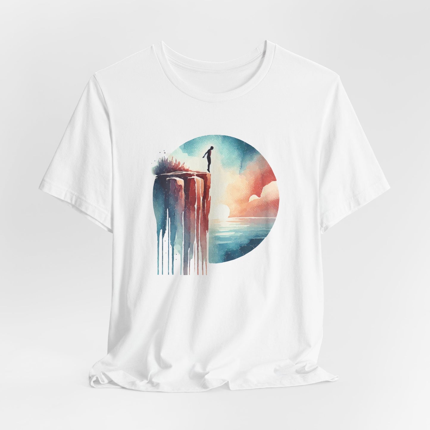 Watercolor Cliff Jumping T-Shirt with Dreamy Adventure Design