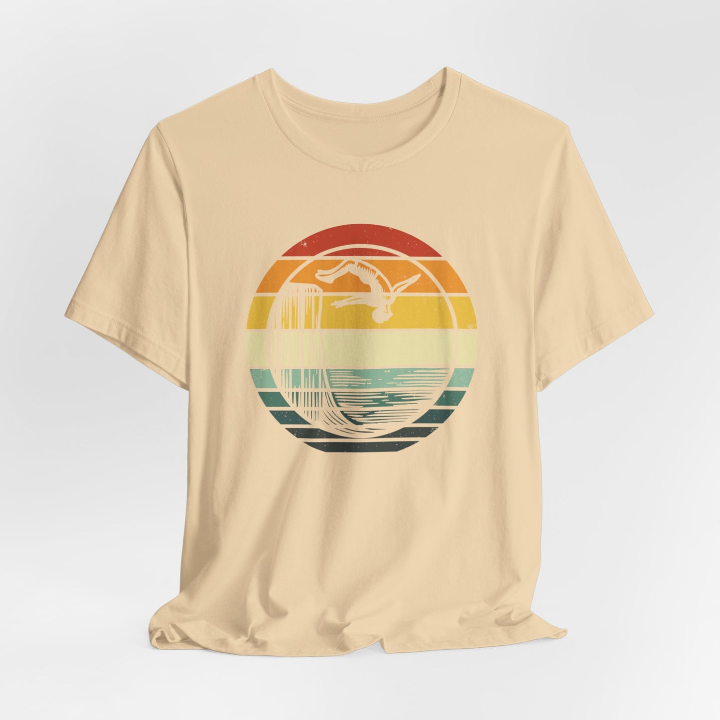 Retro Sunset Cliff Jumping T-Shirt - Outdoorsy Distressed Vintage Sunset Silhouette Adventure Shirt