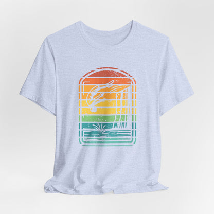 Retro Rainbow Cliff Jumping Silhouette T-Shirt - Outdoorsy Vintage Adventure Shirt