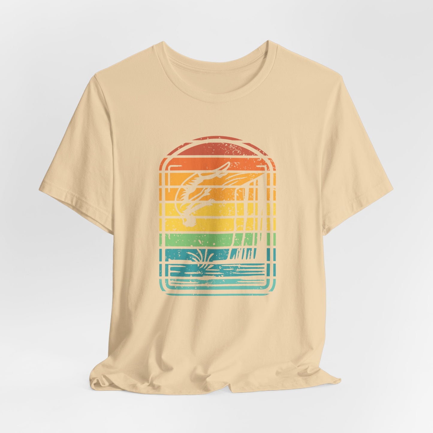 Retro Rainbow Cliff Jumping Silhouette T-Shirt - Outdoorsy Vintage Adventure Shirt