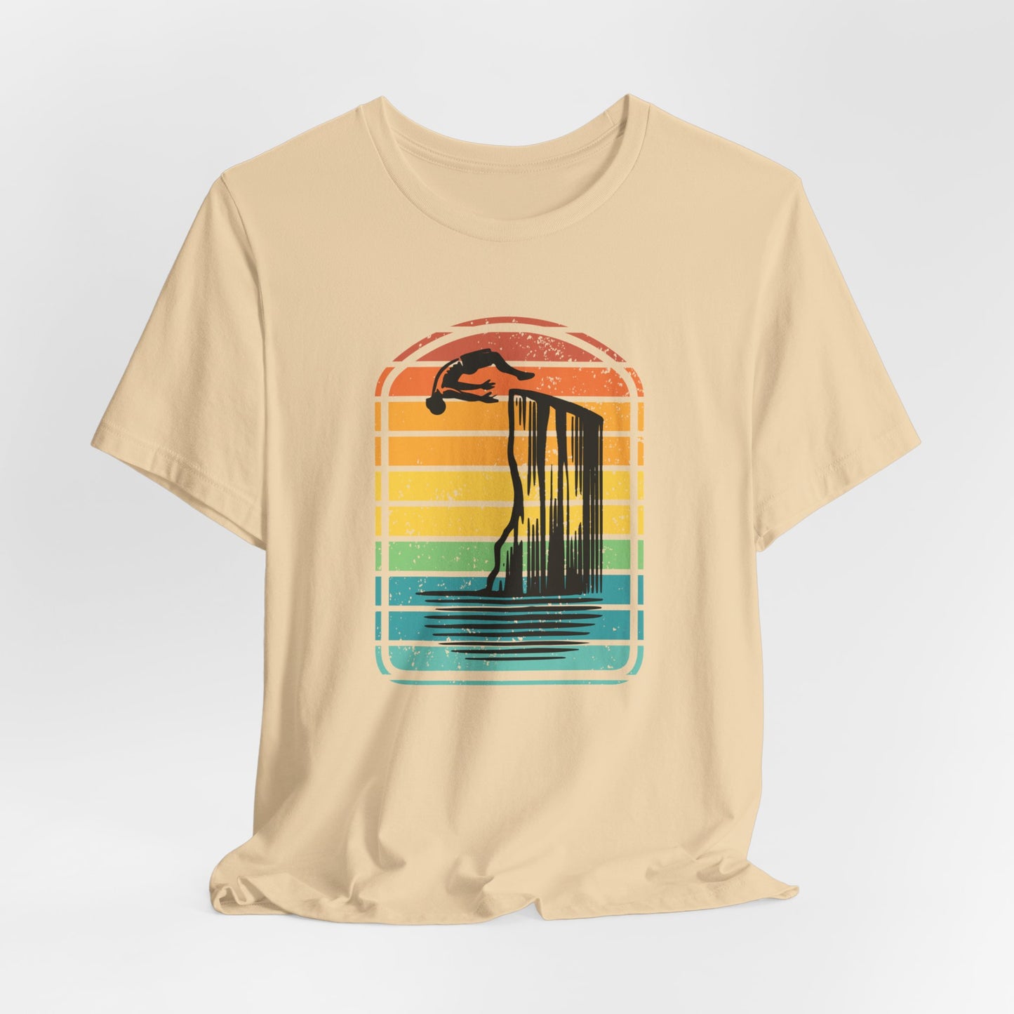 Retro Rainbow Cliff Jumping Silhouette T-Shirt - Outdoorsy Vintage Adventure Shirt