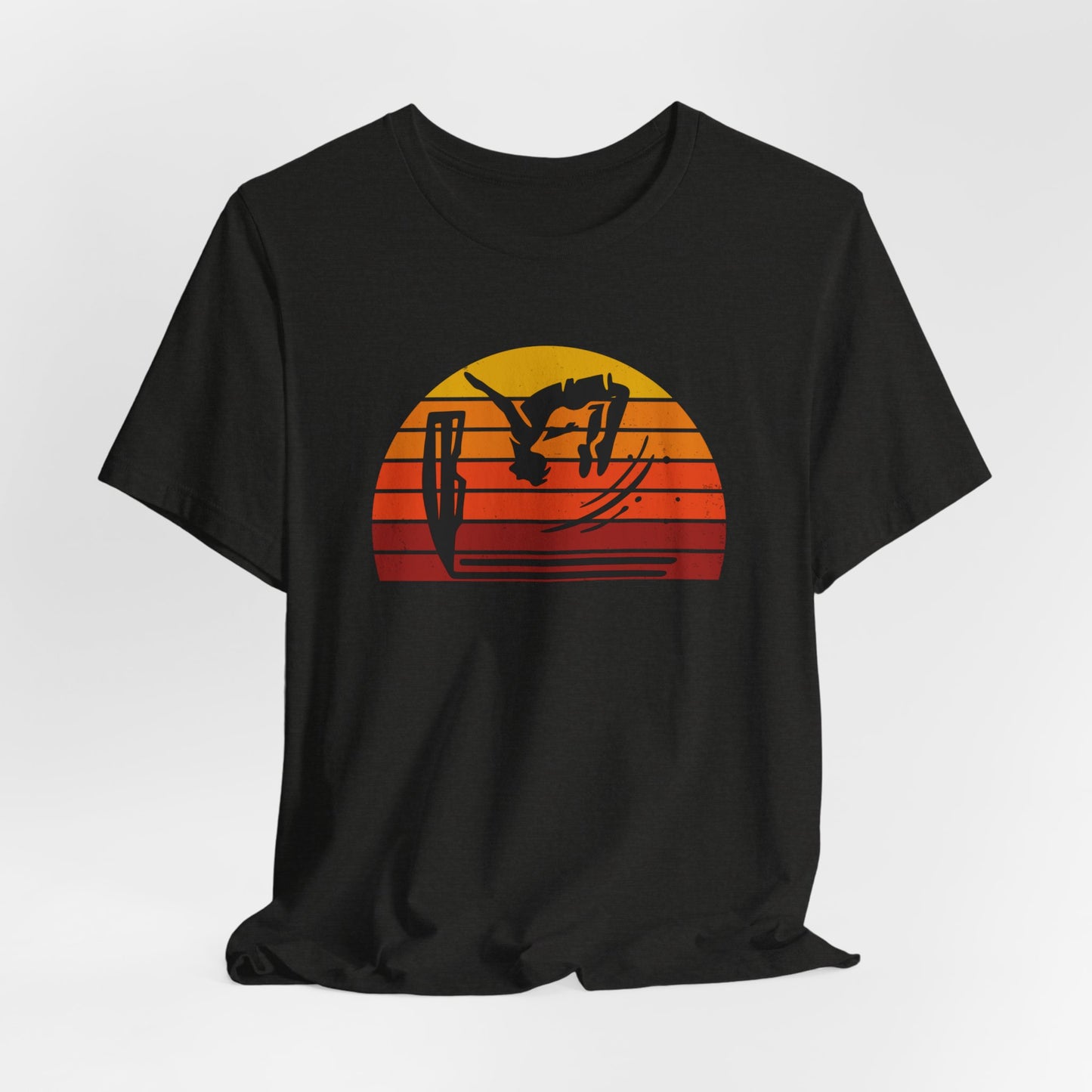 Retro Sunset Cliff Jumping T-Shirt - Outdoorsy Distressed Vintage Sunset Silhouette Adventure Shirt