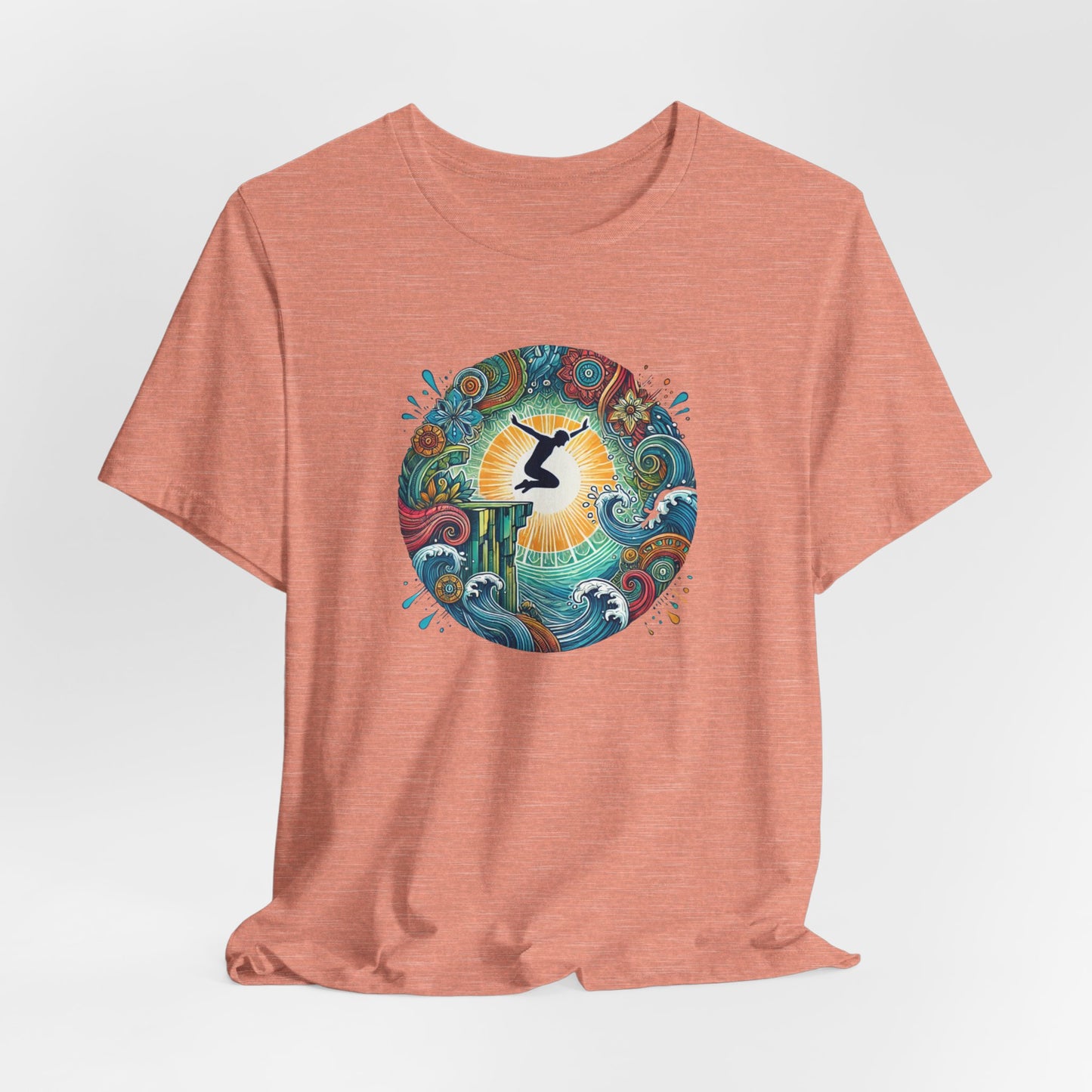 Mandala Style Cliff Jumping T-shirt for Outdoor Enthusiast - Colorful Mandala Art Design