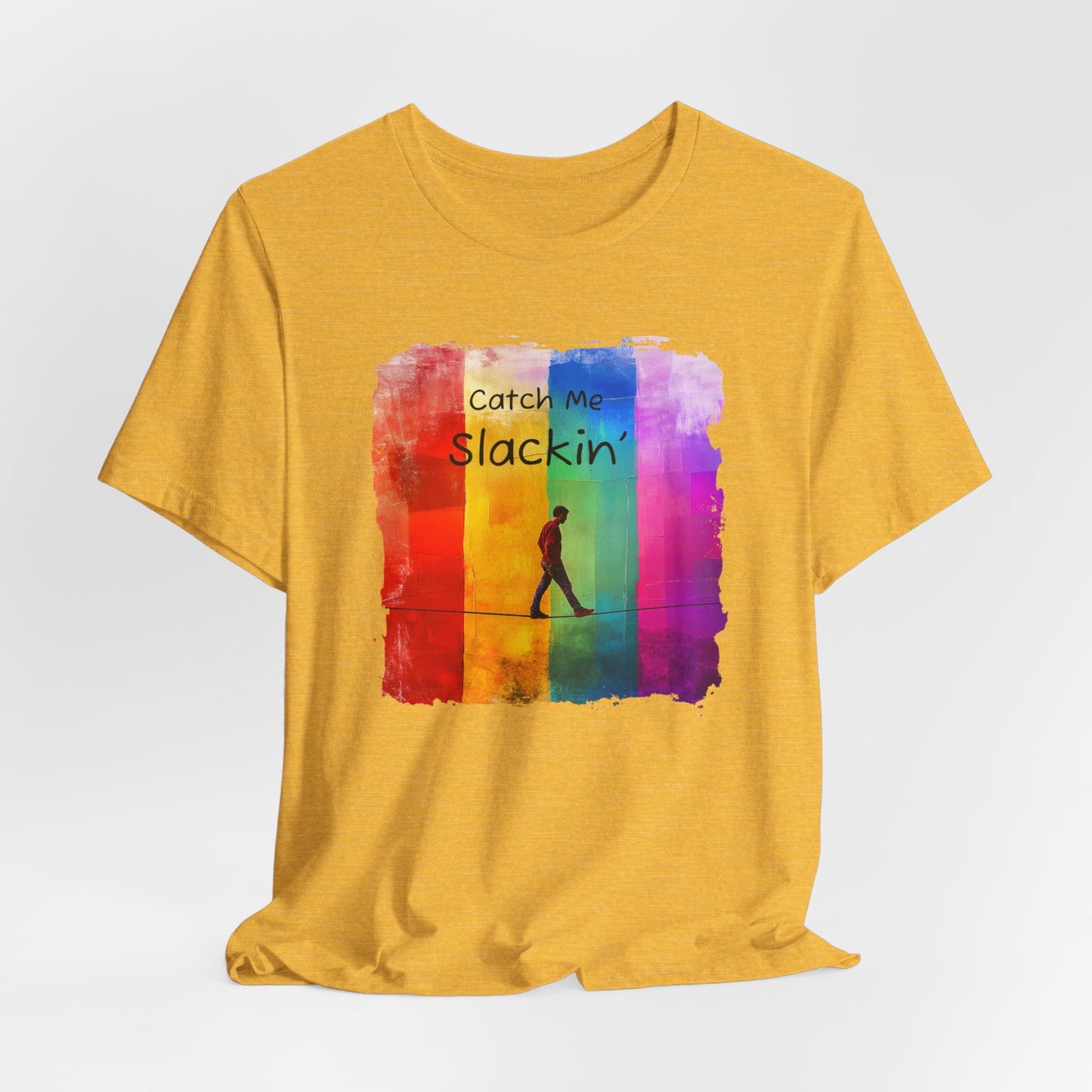 "Catch Me Slackin" Colorful Abstract Slackline T-shirt | Slackline Highline Shirt - Rainbow Cubic Splatter Paint Design