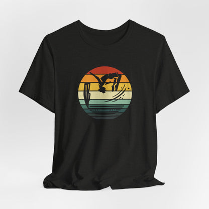 Retro Sunset Cliff Jumping T-Shirt - Outdoorsy Distressed Vintage Sunset Silhouette Adventure Shirt