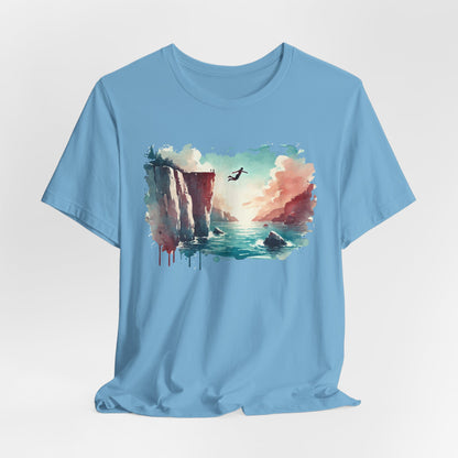 Watercolor Cliff Jumping T-Shirt with Dreamy Adventure Design