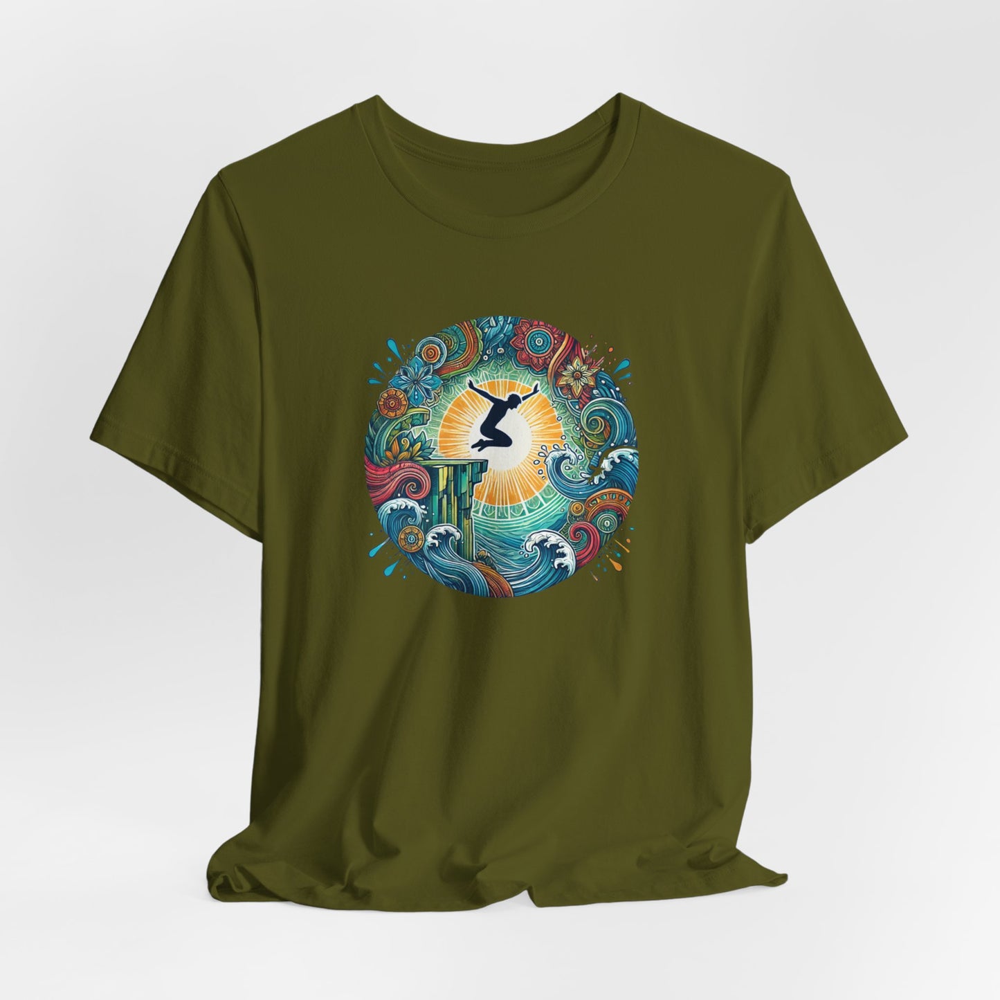 Mandala Style Cliff Jumping T-shirt for Outdoor Enthusiast - Colorful Mandala Art Design