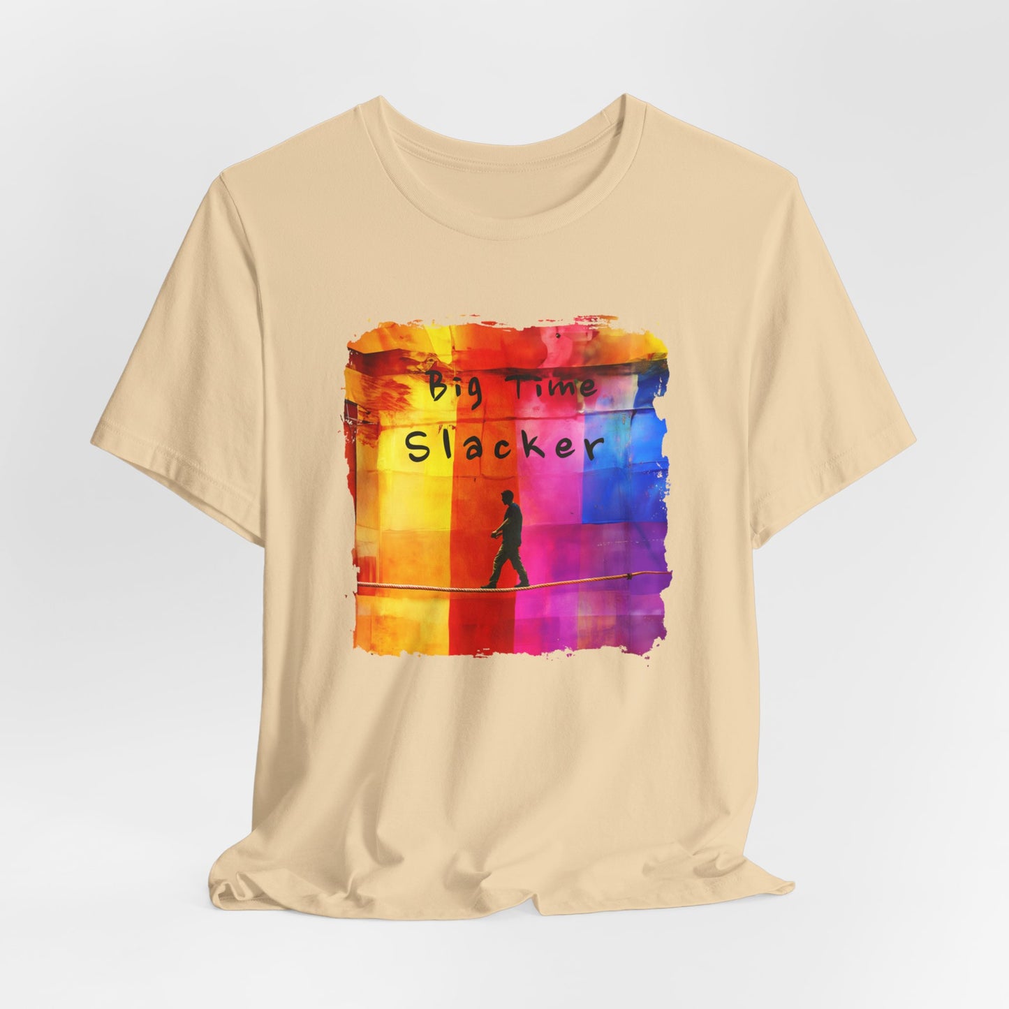 "Big Time Slacker" Colorful Abstract Slackline T-shirt | Slackline Highline Shirt - Rainbow Cubic Splatter Paint Design