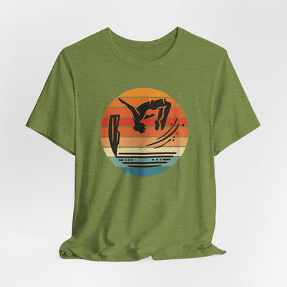 Retro Sunset Cliff Jumping T-Shirt - Outdoorsy Distressed Vintage Sunset Silhouette Adventure Shirt