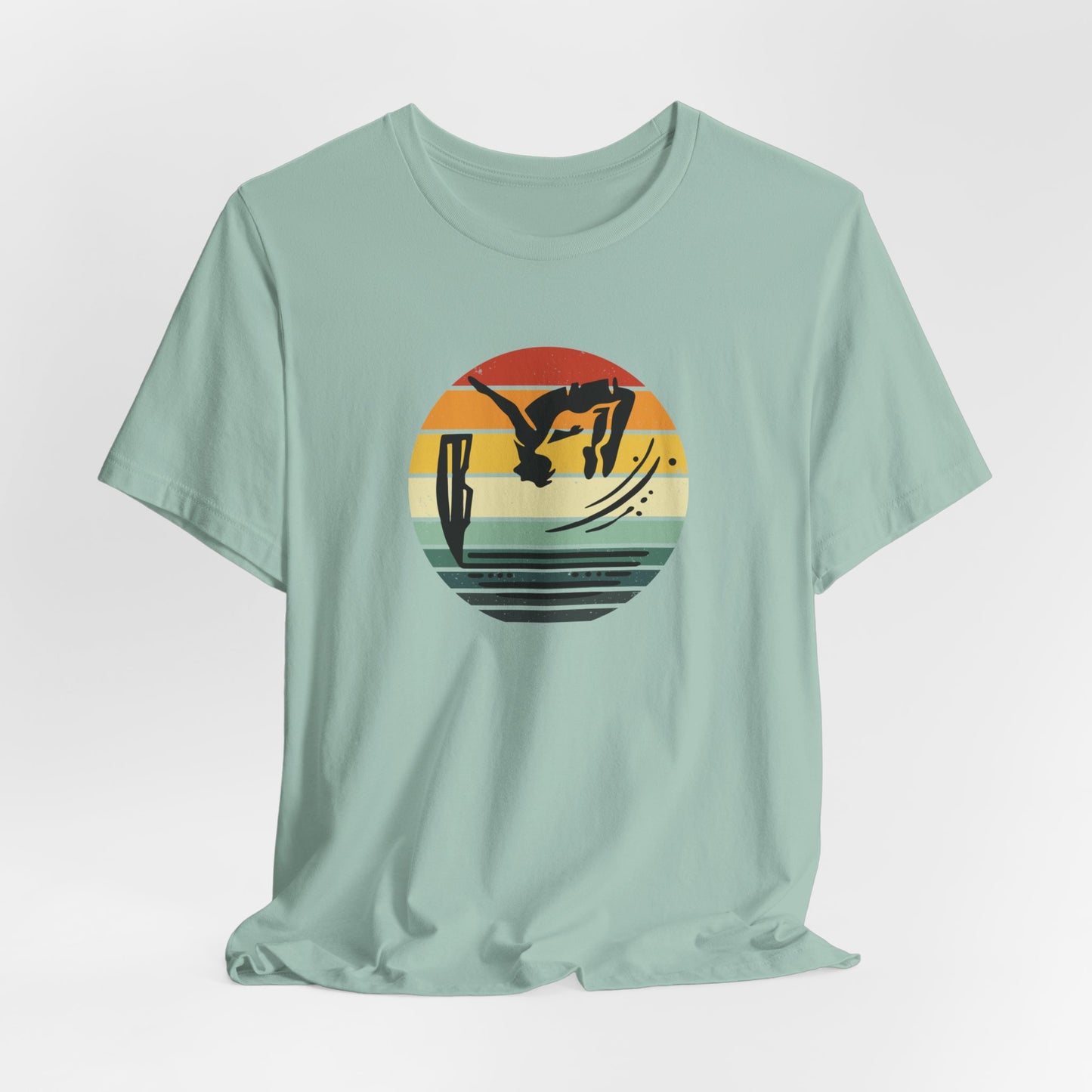 Retro Sunset Cliff Jumping T-Shirt - Outdoorsy Distressed Vintage Sunset Silhouette Adventure Shirt