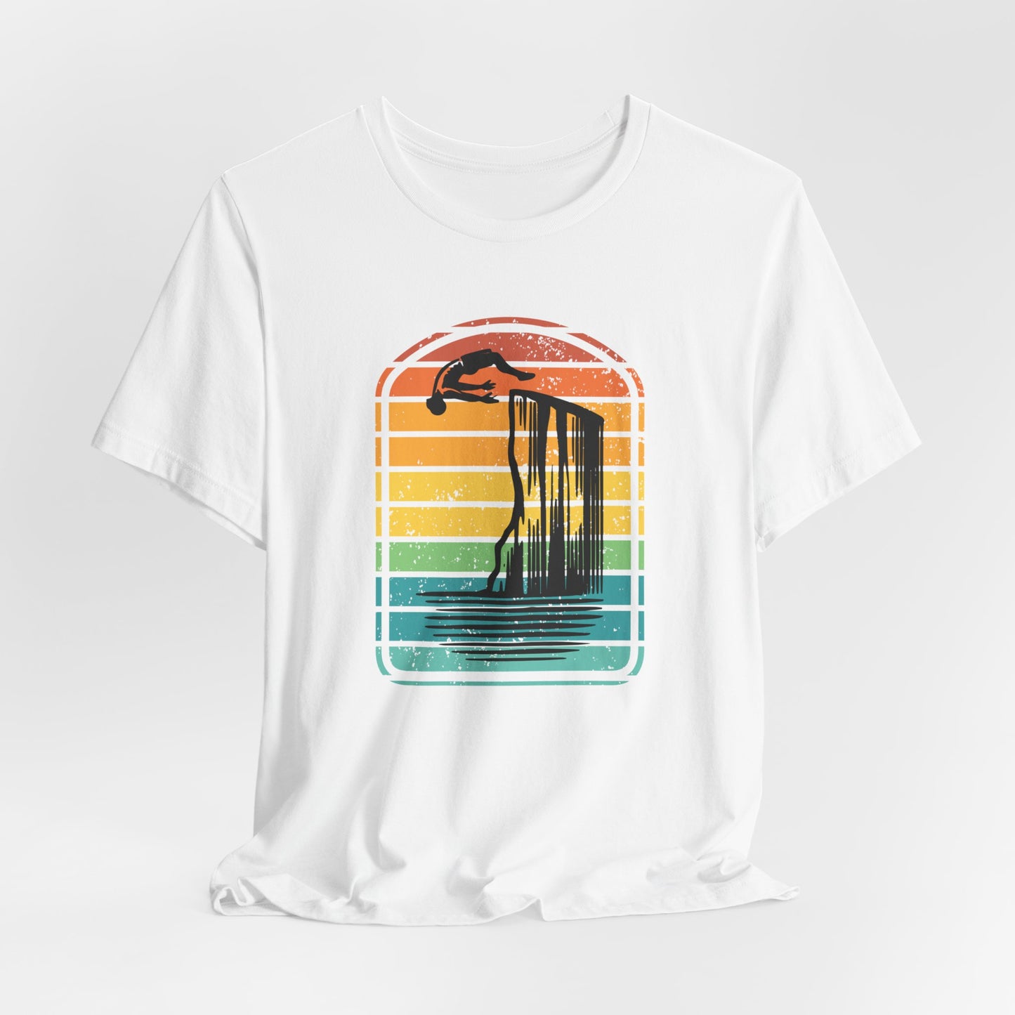 Retro Rainbow Cliff Jumping Silhouette T-Shirt - Outdoorsy Vintage Adventure Shirt