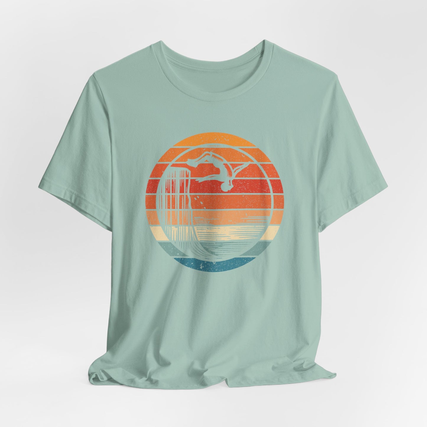 Retro Sunset Cliff Jumping T-Shirt - Outdoorsy Distressed Vintage Sunset Silhouette Adventure Shirt