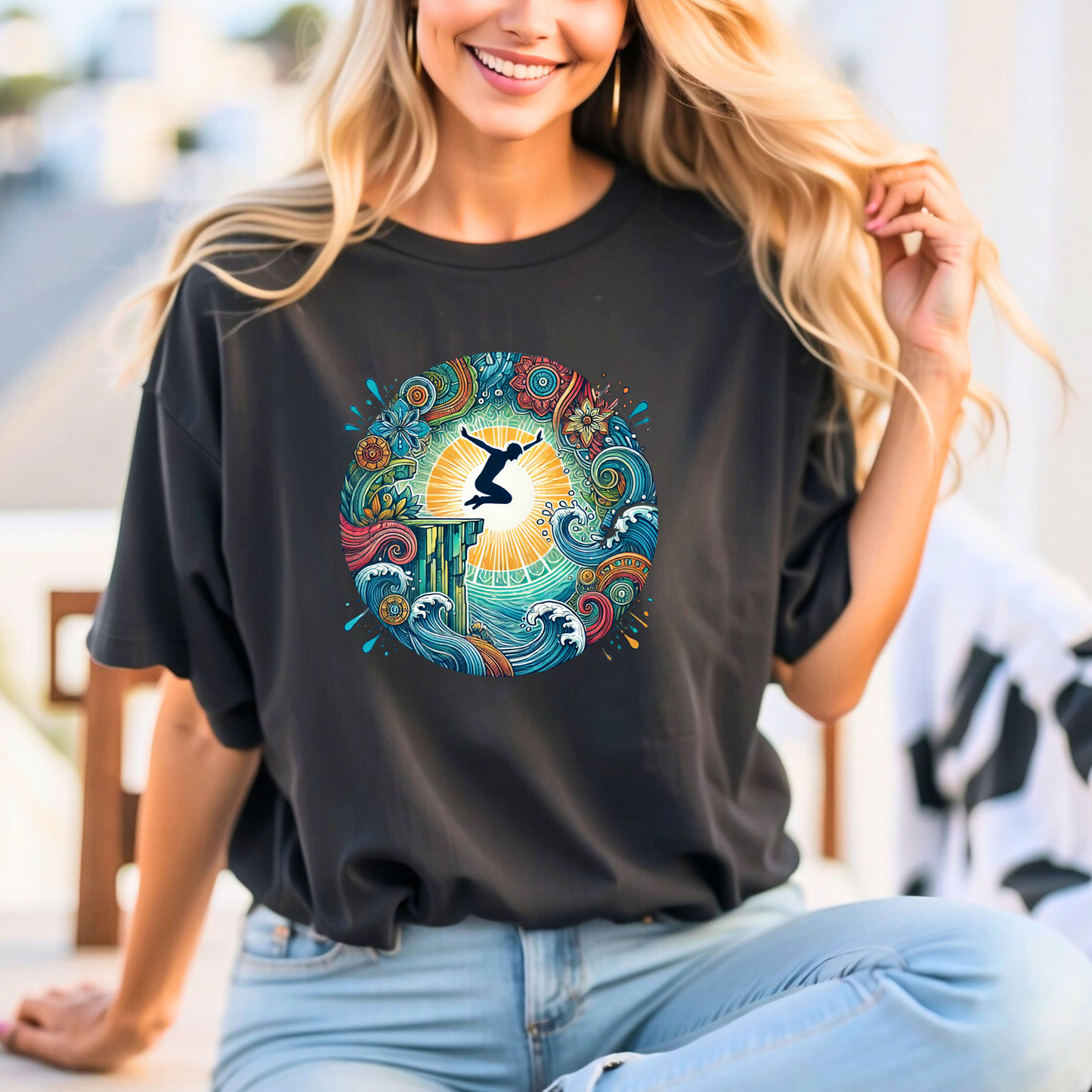 Mandala Style Cliff Jumping T-shirt for Outdoor Enthusiast - Colorful Mandala Art Design