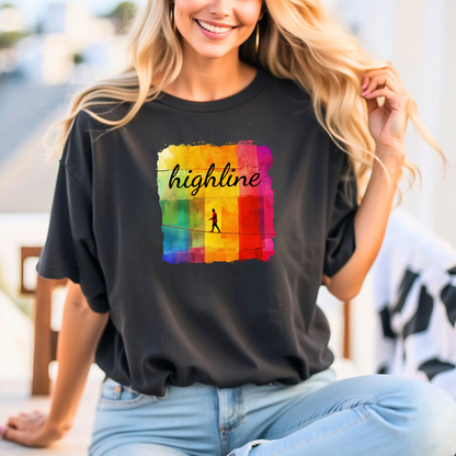 "Highline" Colorful Abstract Highline T-shirt | Highline Shirt - Rainbow Cubic Splatter Paint Design