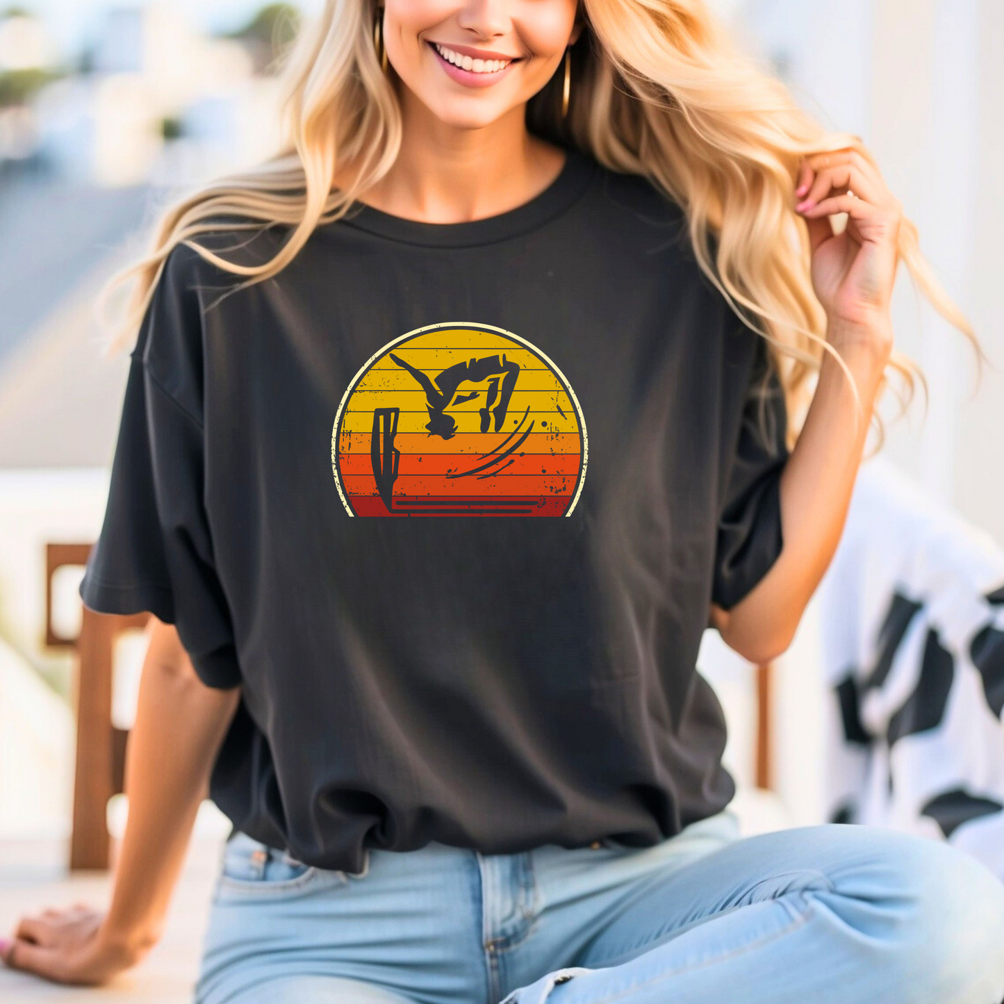 Retro Sunset Cliff Jumping T-Shirt - Outdoorsy Distressed Vintage Sunset Silhouette Adventure Shirt