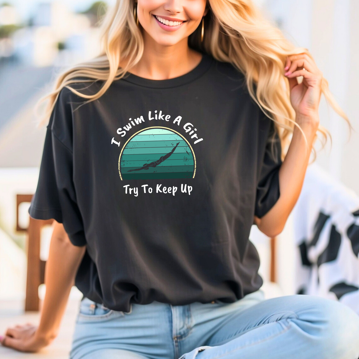 "I Swim Like A Girl, Try To Keep Up" - Girls Swim Shirt | Funny Female Retro Vintage Style Swimming T-Shirt