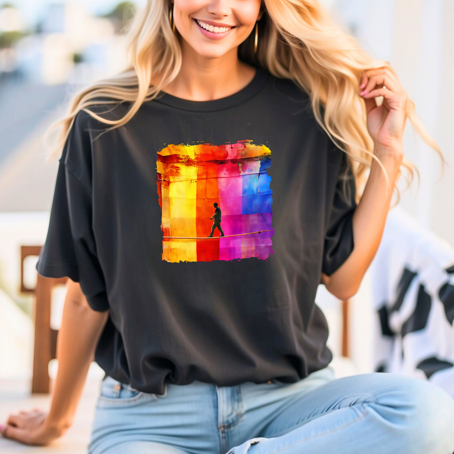 Colorful Abstract Slackline T-shirt | Slackline Highline Shirt - Rainbow Cubic Splatter Paint Design