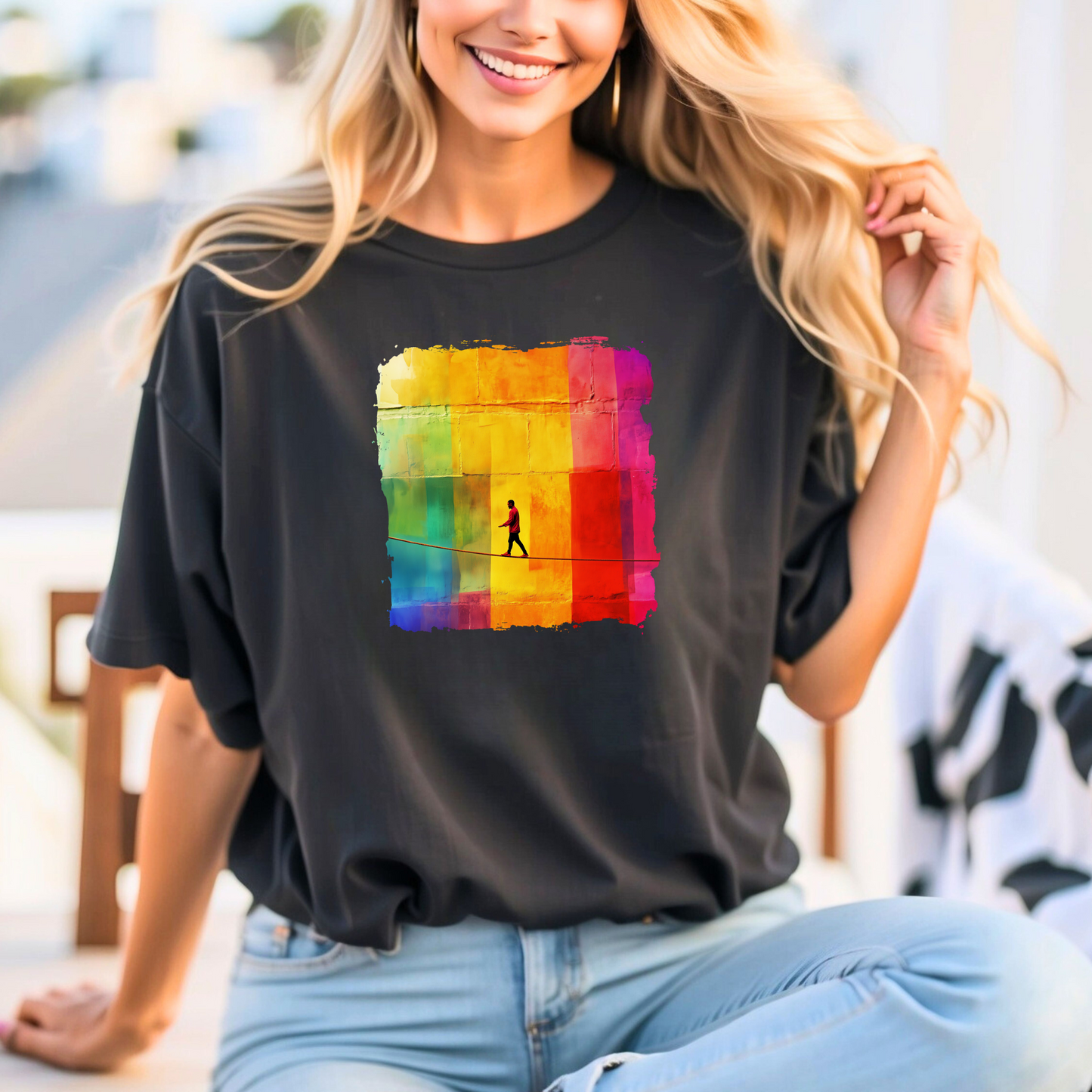 Colorful Abstract Slackline T-shirt | Slackline Highline Shirt - Rainbow Cubic Splatter Paint Design