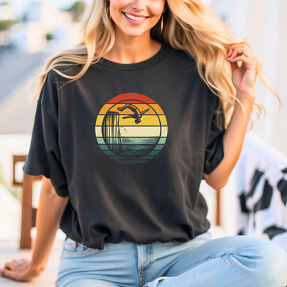 Retro Sunset Cliff Jumping T-Shirt - Outdoorsy Distressed Vintage Sunset Silhouette Adventure Shirt