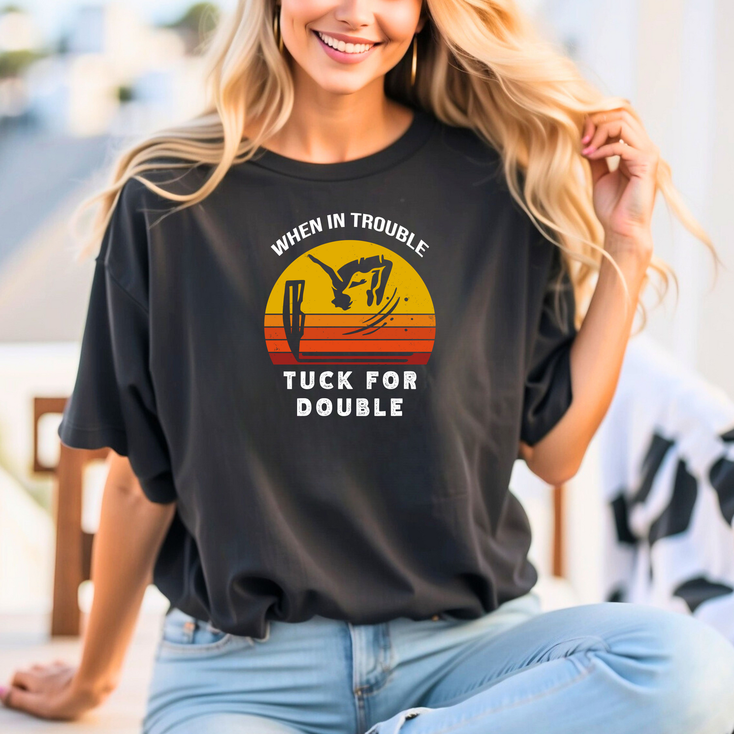 "When In Trouble, Tuck for Double" - Funny Cliff Jumping T-Shirt | Retro Adventure Design