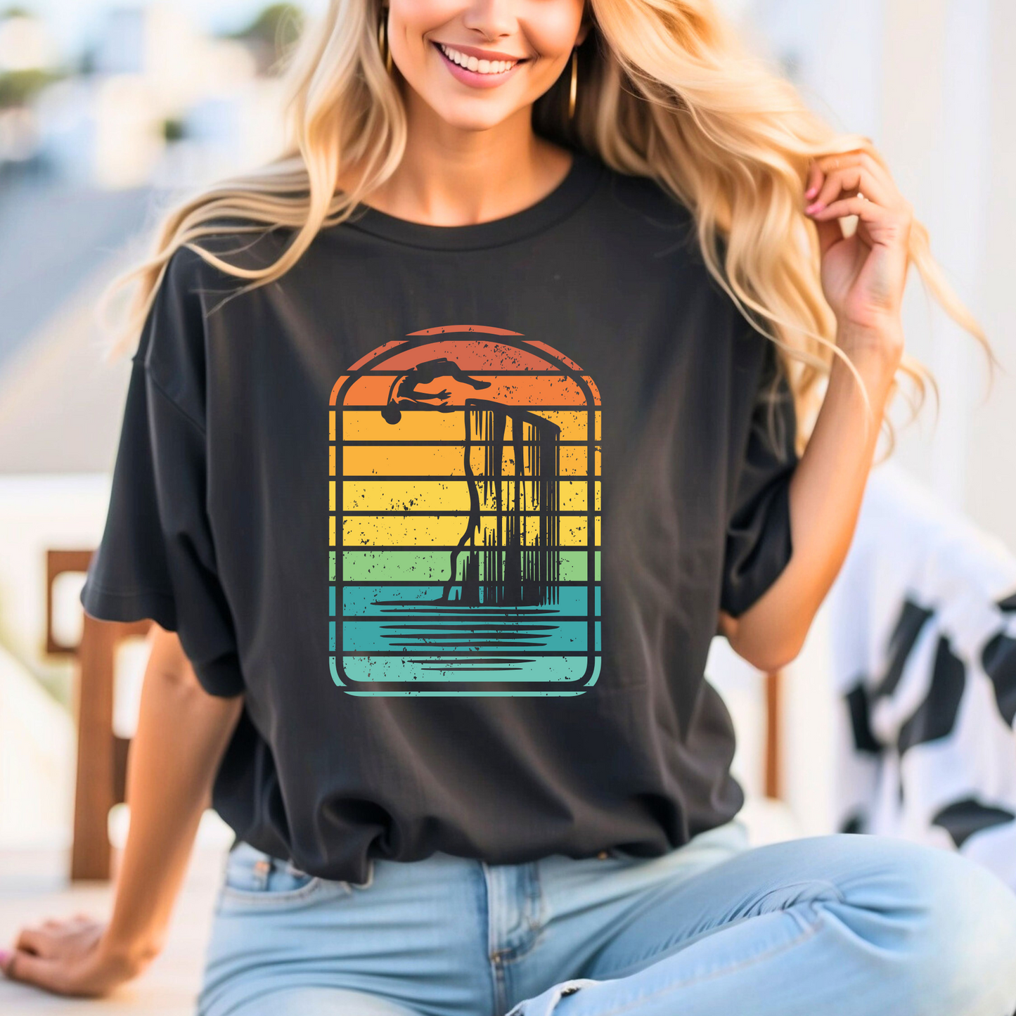 Retro Rainbow Cliff Jumping Silhouette T-Shirt - Outdoorsy Vintage Adventure Shirt