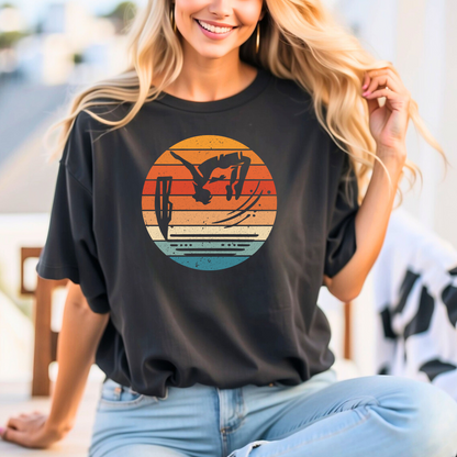 Retro Sunset Cliff Jumping T-Shirt - Outdoorsy Distressed Vintage Sunset Silhouette Adventure Shirt