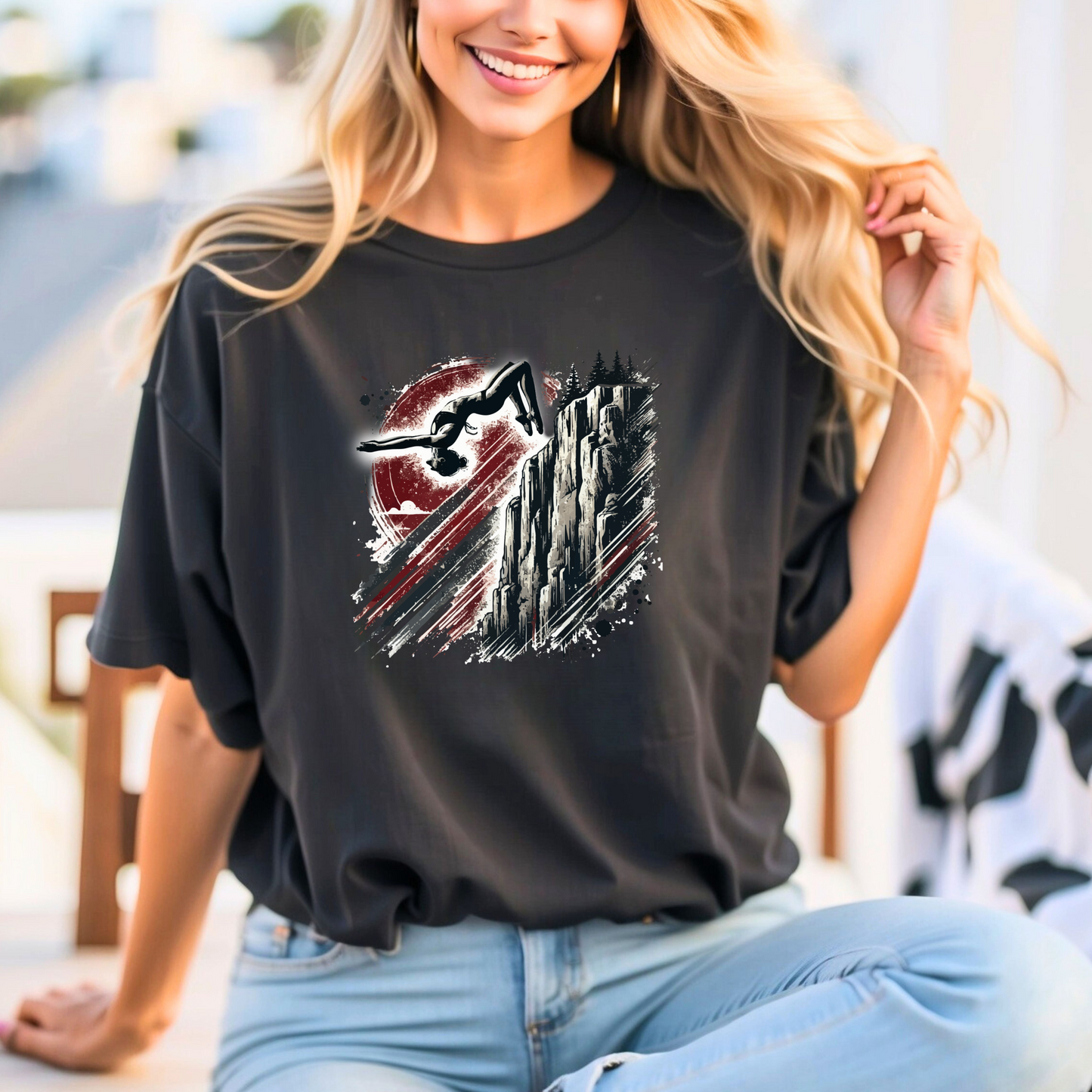 Women's Cliff Jumping T-Shirt - Distressed Grunge Style | Cliff Jump Flip Shirt for Outdoorsy Adventure Lovers