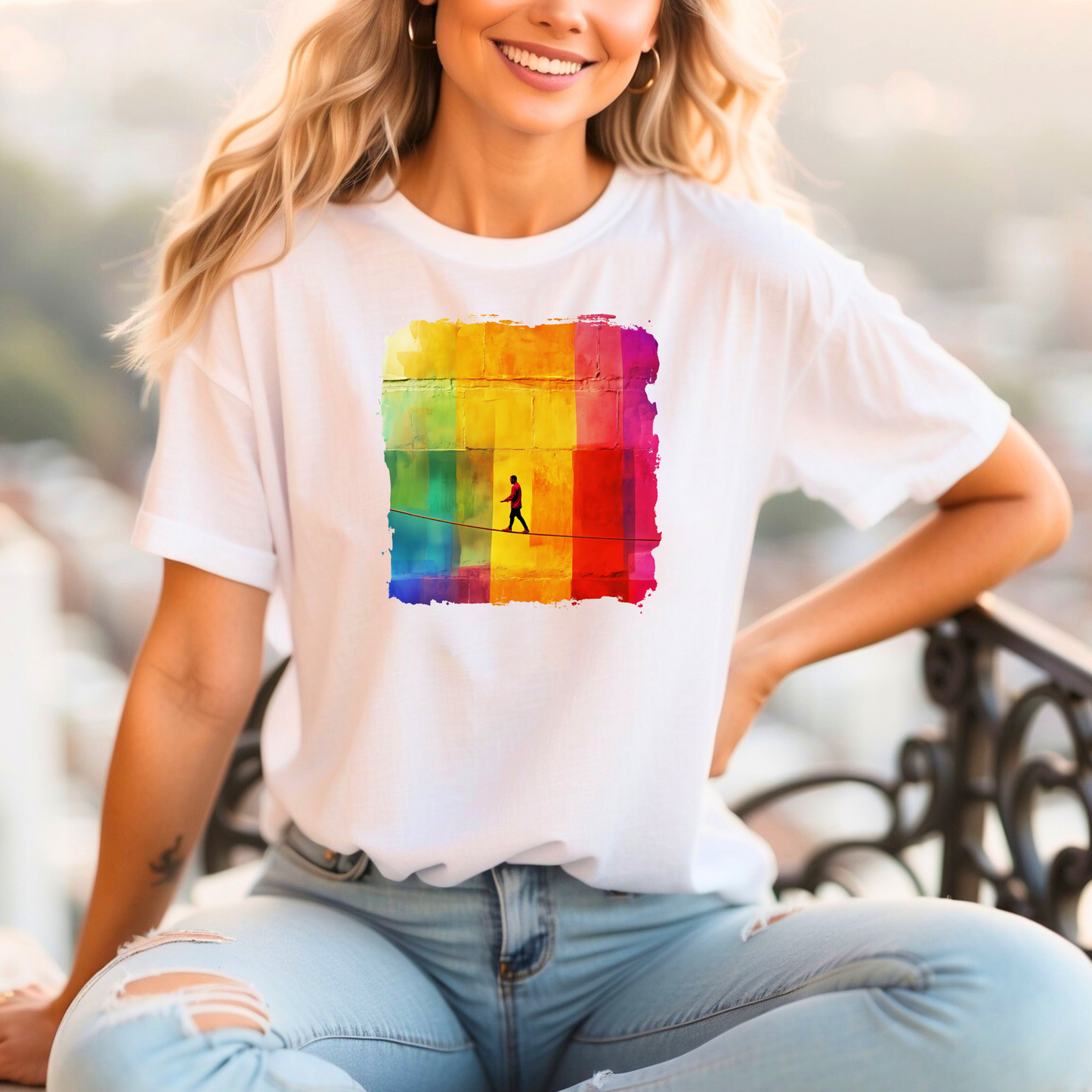 Colorful Abstract Slackline T-shirt | Slackline Highline Shirt - Rainbow Cubic Splatter Paint Design