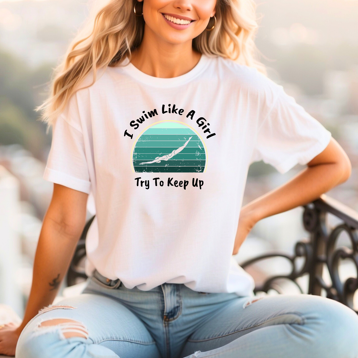 "I Swim Like A Girl, Try To Keep Up" - Girls Swim Shirt | Funny Female Retro Vintage Style Swimming T-Shirt