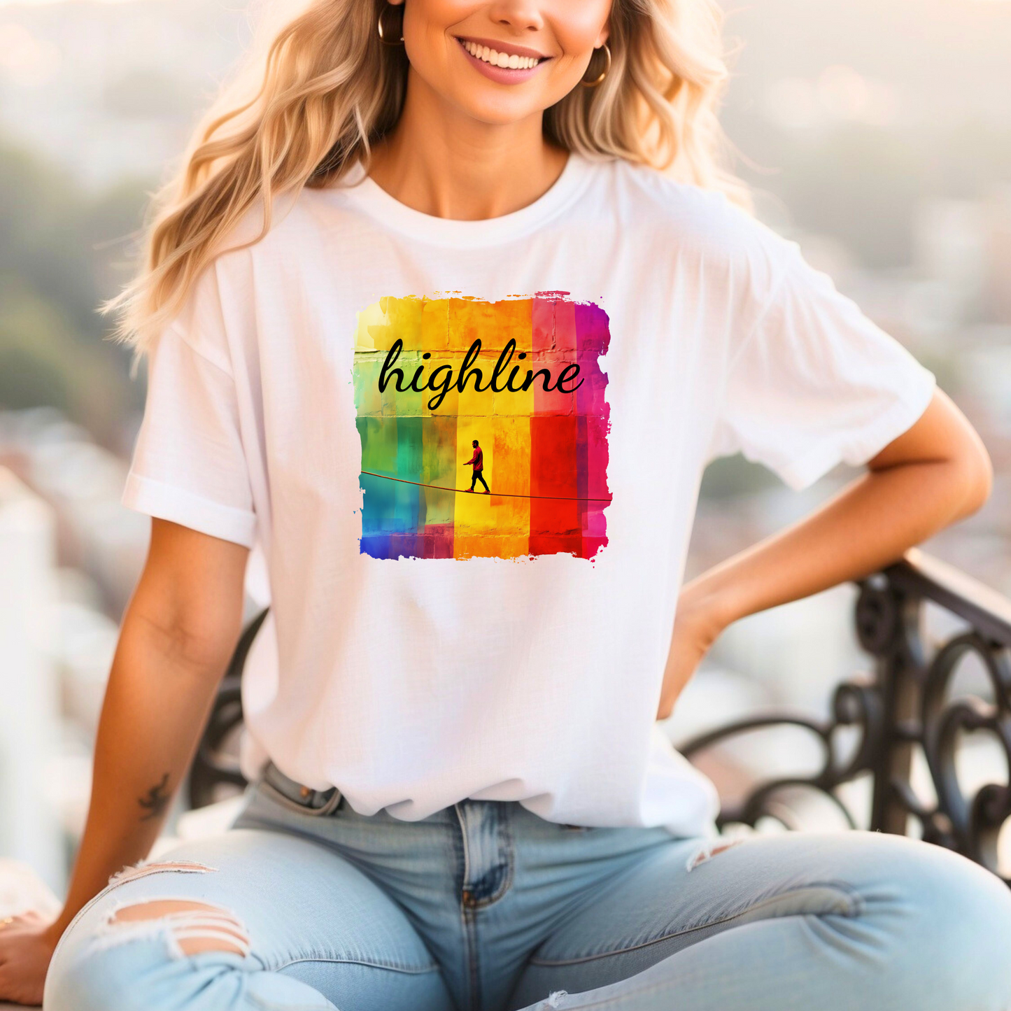 "Highline" Colorful Abstract Highline T-shirt | Highline Shirt - Rainbow Cubic Splatter Paint Design