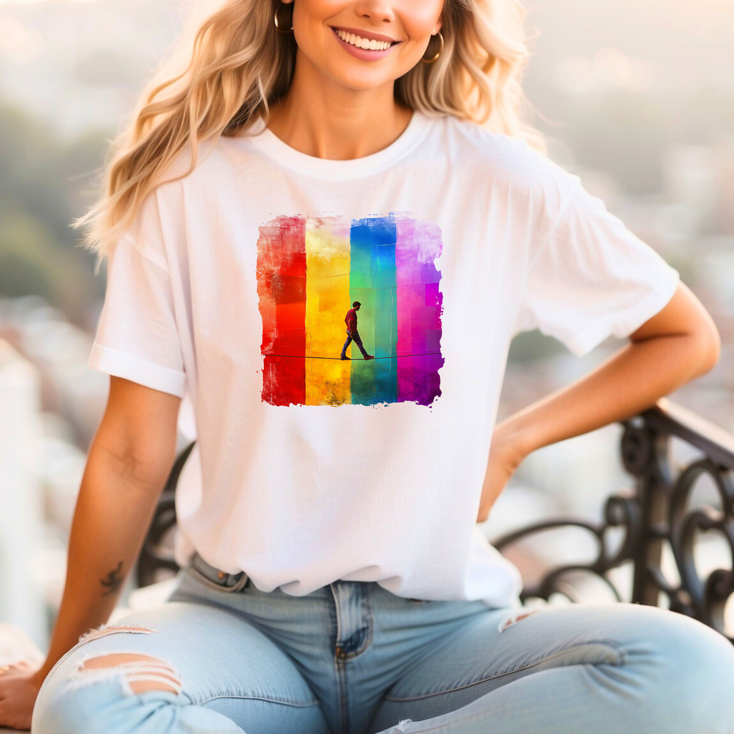 Colorful Abstract Slackline T-shirt | Slackline Highline Shirt - Rainbow Cubic Splatter Paint Design