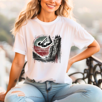 Women's Cliff Jumping T-Shirt - Distressed Grunge Style | Cliff Jump Flip Shirt for Outdoorsy Adventure Lovers