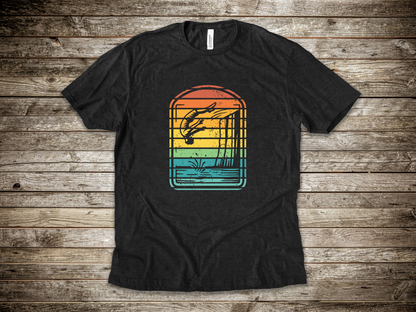 Retro Rainbow Cliff Jumping Silhouette T-Shirt - Outdoorsy Vintage Adventure Shirt