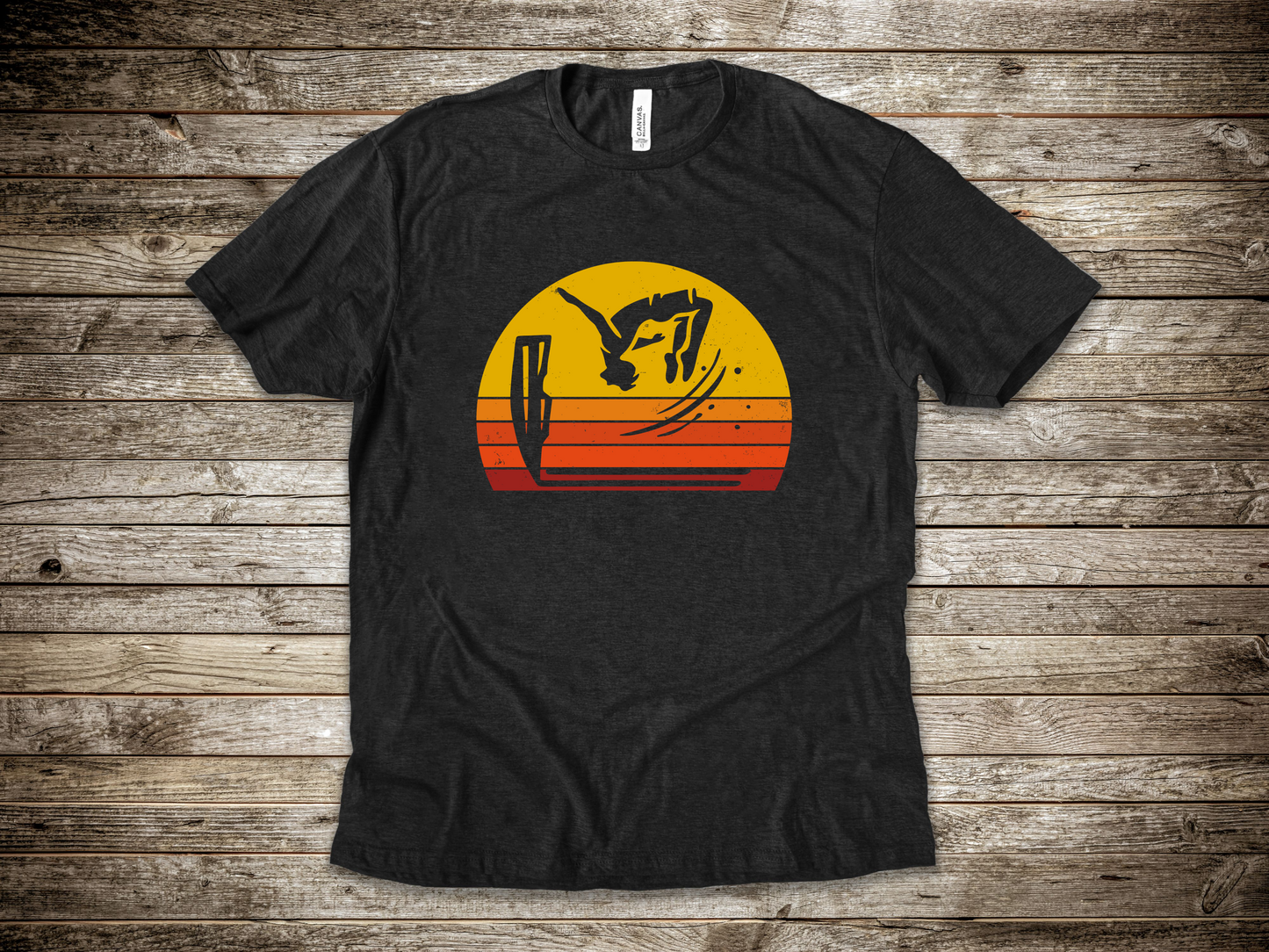 Retro Sunset Cliff Jumping T-Shirt - Outdoorsy Distressed Vintage Sunset Silhouette Adventure Shirt