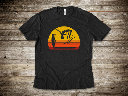 Retro Sunset Cliff Jumping T-Shirt - Outdoorsy Distressed Vintage Sunset Silhouette Adventure Shirt