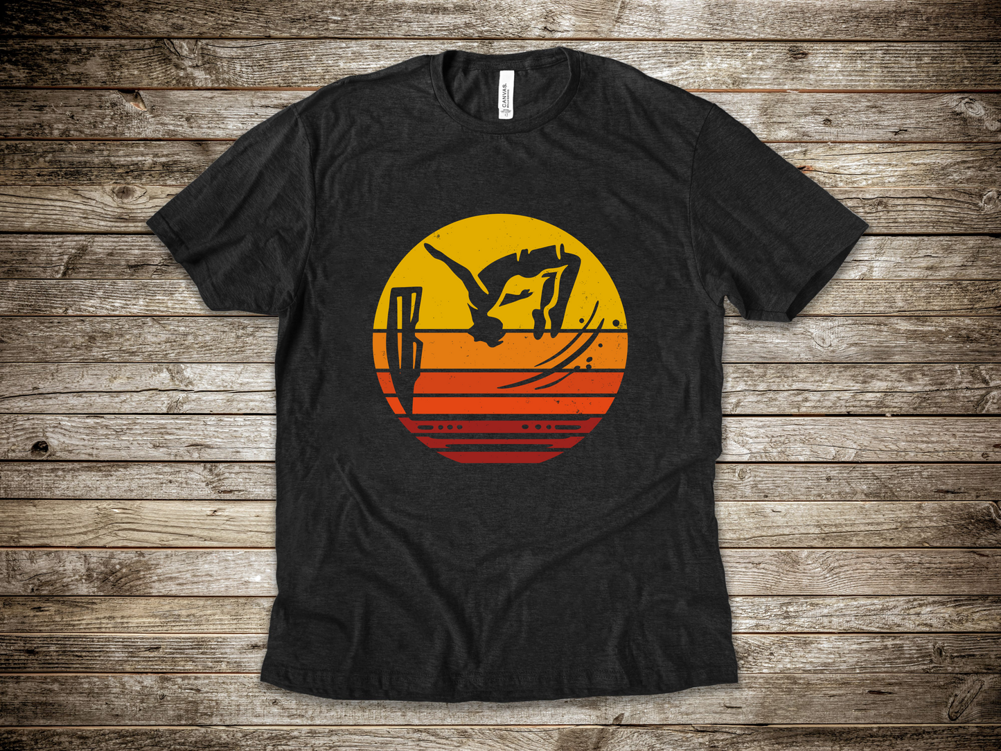 Retro Sunset Cliff Jumping T-Shirt - Outdoorsy Distressed Vintage Sunset Silhouette Adventure Shirt